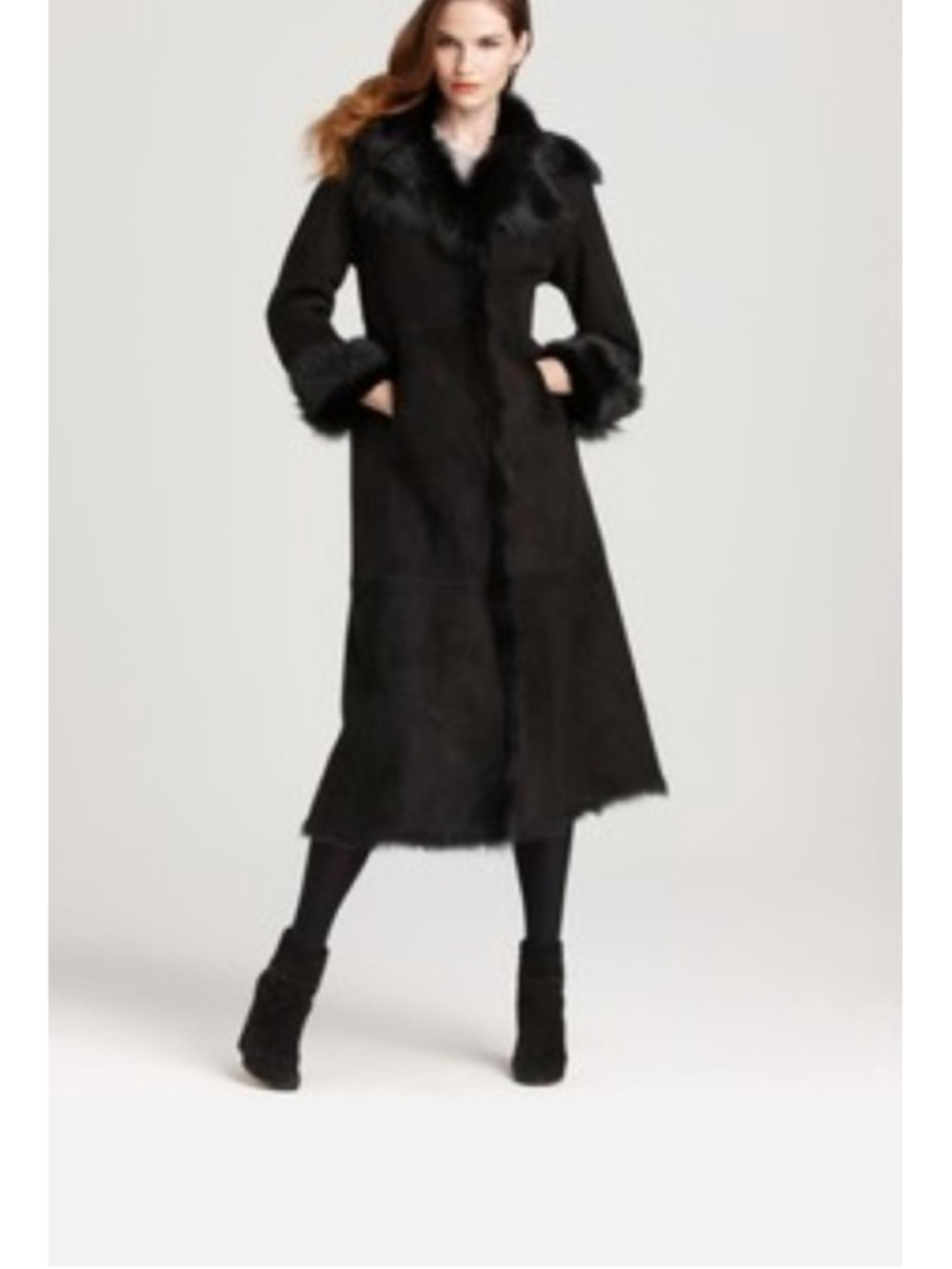 Cole Haan Black Genuine Shearling Long Coat Fur Trim Sz XS Penny Lane Luxury - Picture 3 of 16